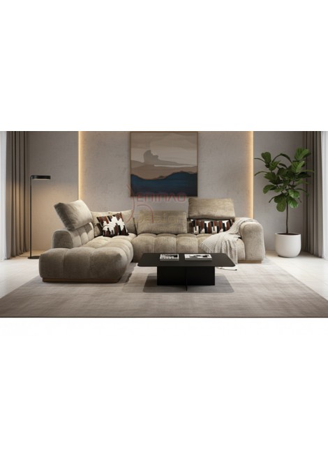  Καναπές Γωνιακός Bubble με μαξιλάρι πλάτης με μηχανισμούς και με ξύλινη μπάζα από φυσικό δρυς στο κάτω μέρος.