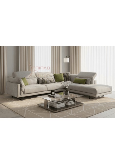 Μοντέρνος γωνιακός καναπές γκρι με μηχανισμούς κεφαλής που προσφέρουν καλύτερη άνεση και στήριξη του αυχένα, μαξιλάρια σε λαδί πράσινη απόχρωση και τραπεζάκι σαλονιού γυάλινο