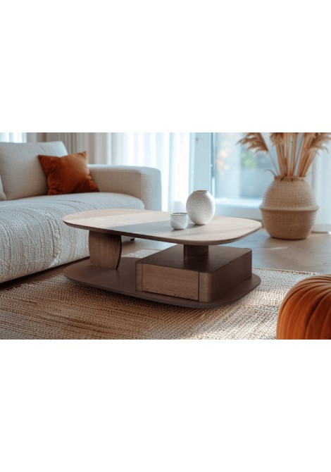 Τραπεζάκι σαλονιού με κεραμική επιφάνεια ιδιαίτερη βάση και συρτάρια