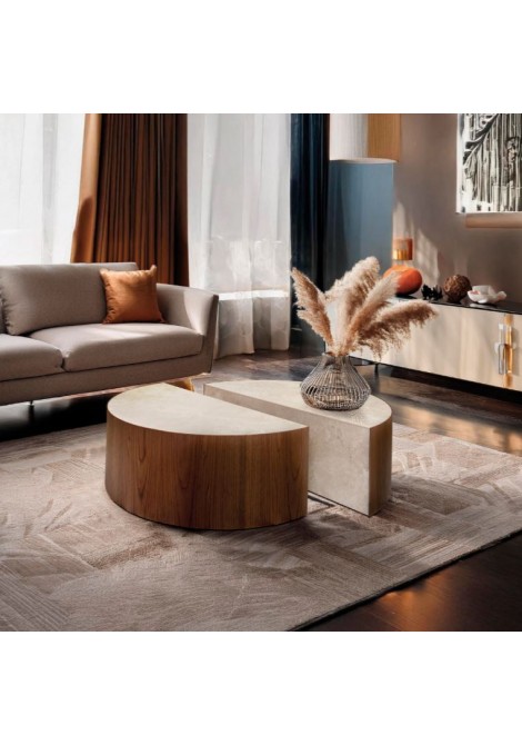 Σετ τραπεζάκια σαλονιού TT0093 σχήμα μισοφέγγαρο, από ξύλο δρυς με κεραμικό καπάκι και κεραμική πλευρική ίσια επιφάνεια