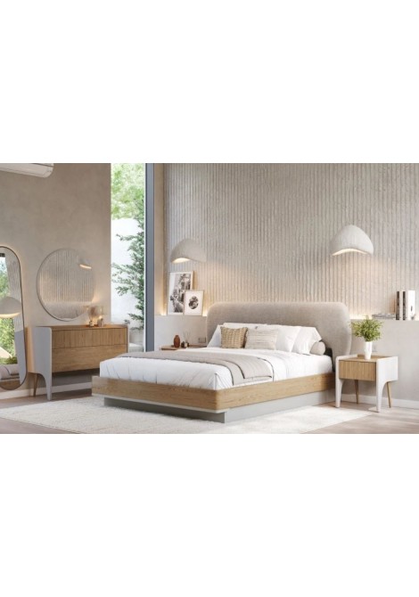 Κρεβατοκάμαρα Roxie CB0112 με κρεβάτι από ξύλο δρυς με αποθηκευτικό χώρο και υφασμάτινο κεφαλάρι