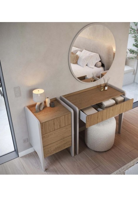  Μπουντουάρ CB0117 από σετ κρεβατοκάμαρας Roxie, κατασκευασμένο από φυσικό καπλαμά δρυς, με 1 μεγάλο συρτάρι αποθήκευσης και μηχανισμούς push to open