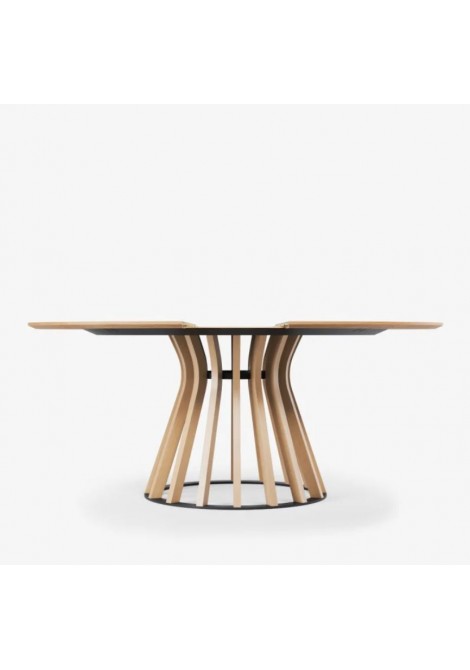 Τραπεζαρία ξύλινη μασίφ ροτόντα με μεταλλικές λεπτομέρειες σε διαστάσεις ∅120 & ∅140, συνολικό ύψος 76cm και με επέκταση 45cm.