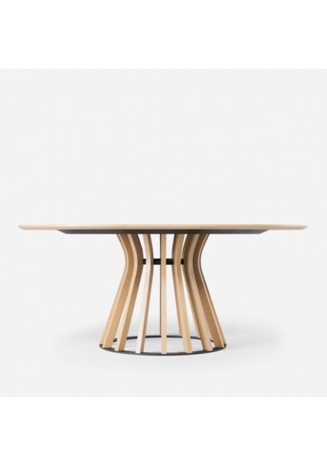 Τραπεζαρία ξύλινη μασίφ ροτόντα με μεταλλικές λεπτομέρειες σε διαστάσεις ∅120 & ∅140, συνολικό ύψος 76cm και με επέκταση 45cm.