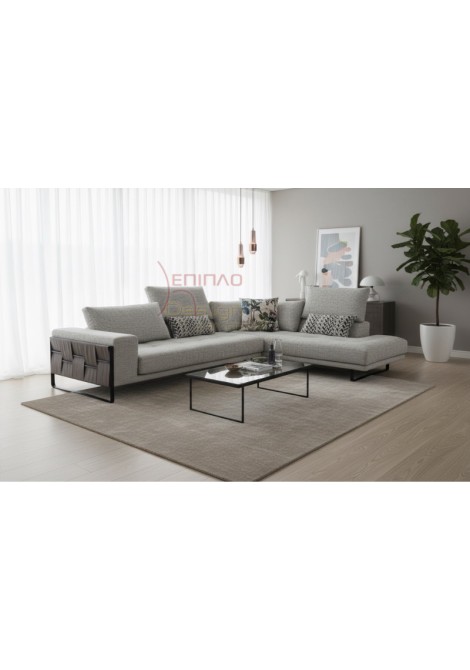 Καναπές Γωνιακός γκρι με αδιάβροχο αλέκιαστο ύφασμα με μηχανισμούς για την καλύτερη στήριξη του κεφαλιού.