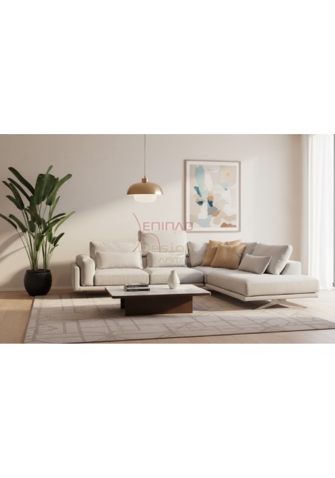 Γωνιακός μοντέρνος αναπαυτικός καναπές με ύφασμα λευκό αλέκιαστο με μεταλλικό πόδι και μηχανισμούς, σε σαλόνι με τραπεζάκι και χαλί.